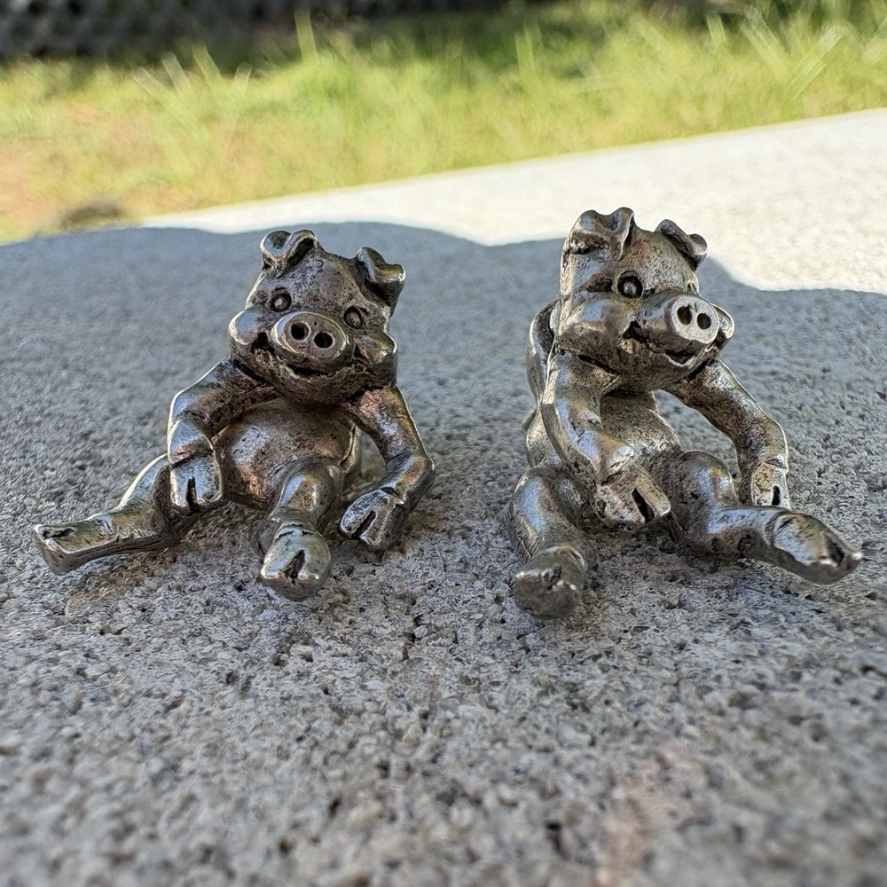 Silver Tone Sitting Pig Front Back Ear Jacket Earrings Whimsical Farm Animal